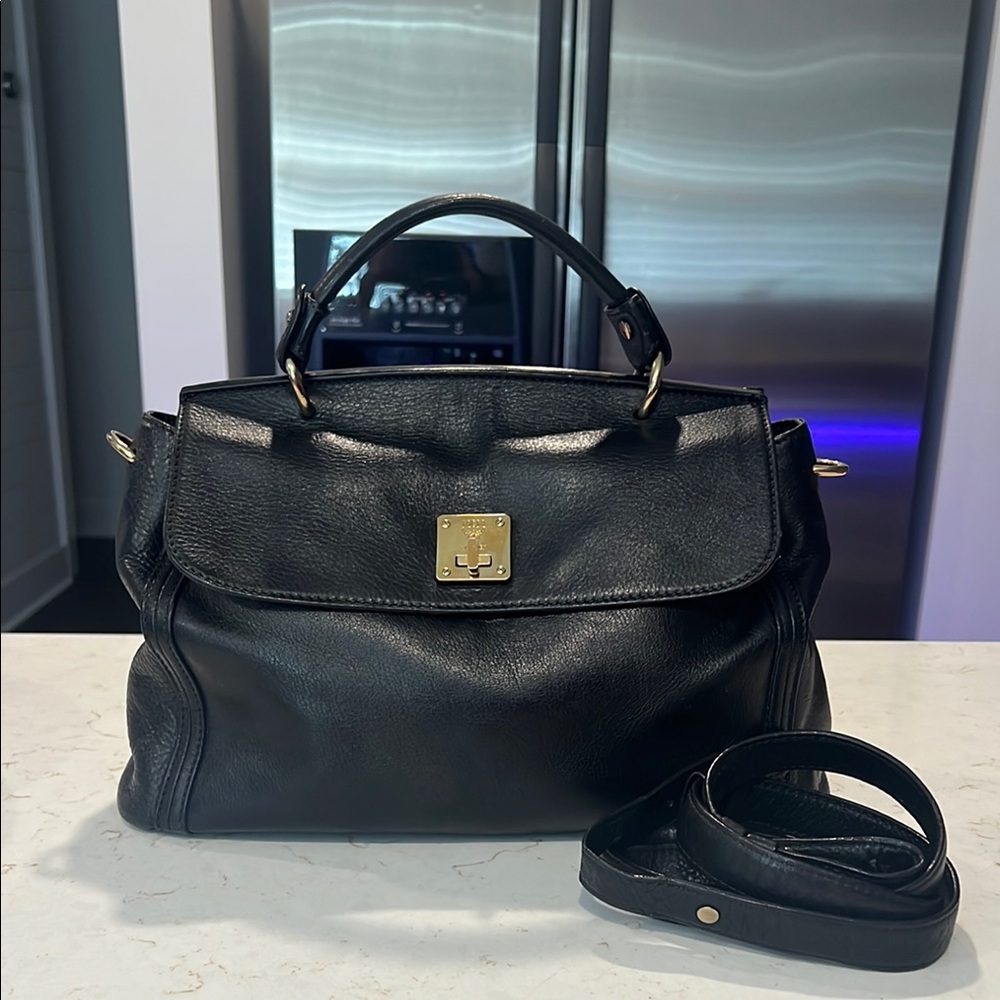 MCM Black Leather Satchel with Gold Hardware